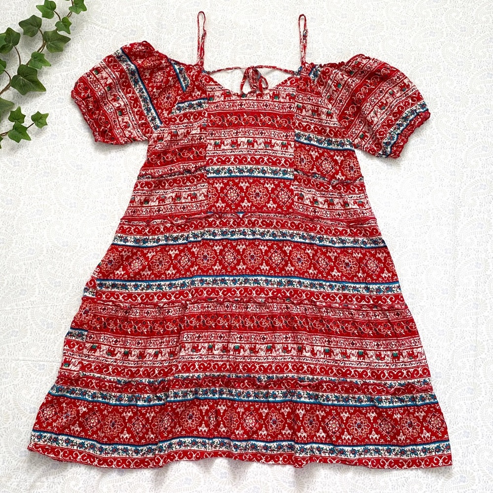Umgee boho puff sleeve elephant print mini dress, red blue